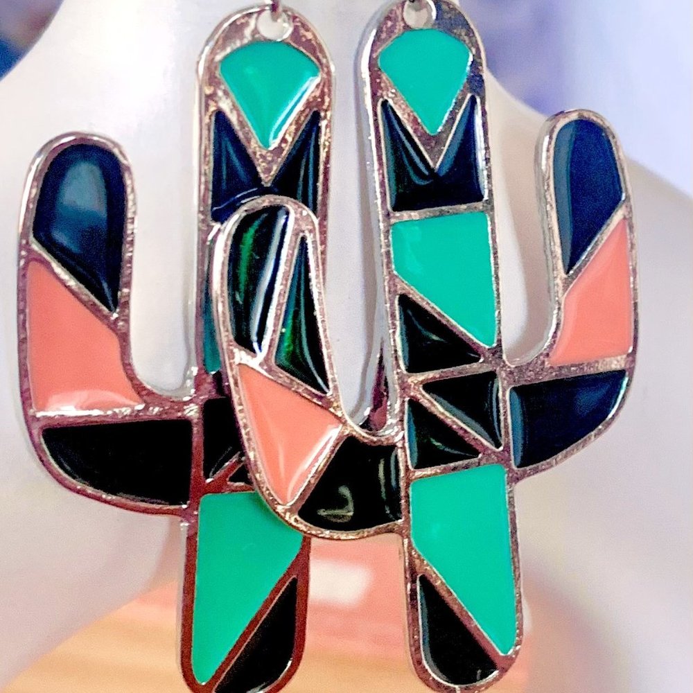 Southwestern Orange Green Black Silver Geometric Saguaro Cactus Dangle Earrings